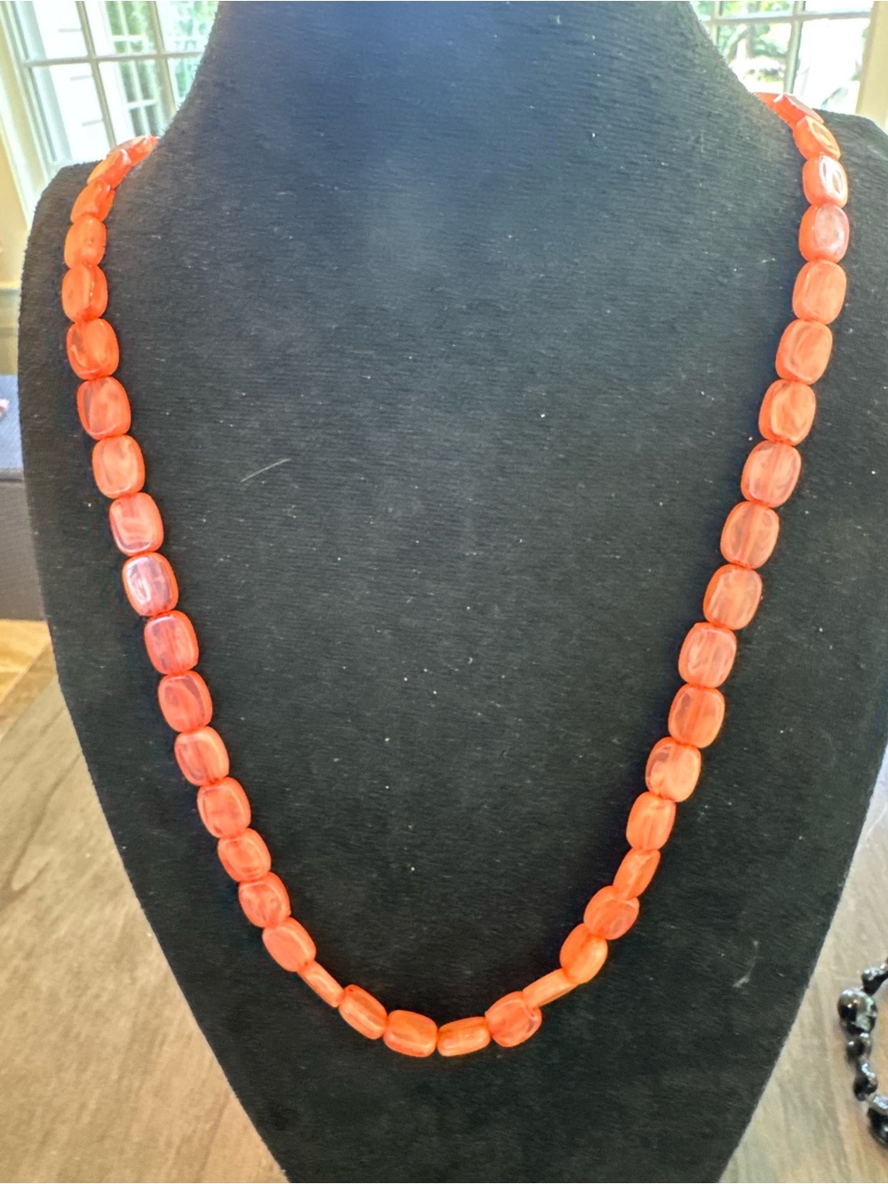 Vintage Style Orange Coral Color Beaded Long Necklace Translucent Statement